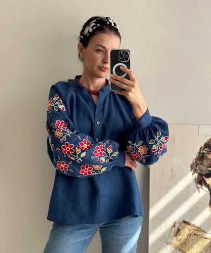 Navy Blue Floral Embroidered Cotton Blouse | Boho Puff Sleeve Button-Up Top | Folk Art Peasant Shirt for Women | Cottagecore Style