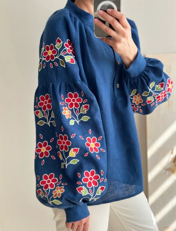 Navy Blue Floral Embroidered Cotton Blouse | Boho Puff Sleeve Button-Up Top | Folk Art Peasant Shirt for Women | Cottagecore Style