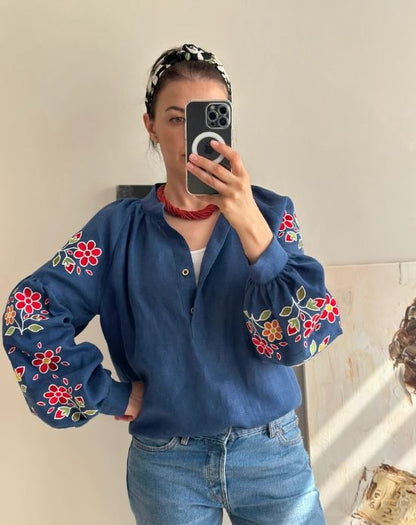 Navy Blue Floral Embroidered Cotton Blouse | Boho Puff Sleeve Button-Up Top | Folk Art Peasant Shirt for Women | Cottagecore Style