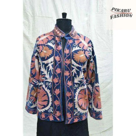 Kashmiri Hand-Embroidered Wool Jacket – Navy & Rose Floral