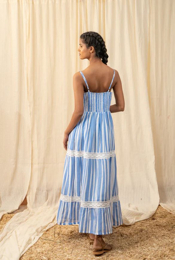 Boho Blue Stripe Cotton Maxi Dress | Lace Trim Tiered Sundress | Crochet Detail Beach Dress