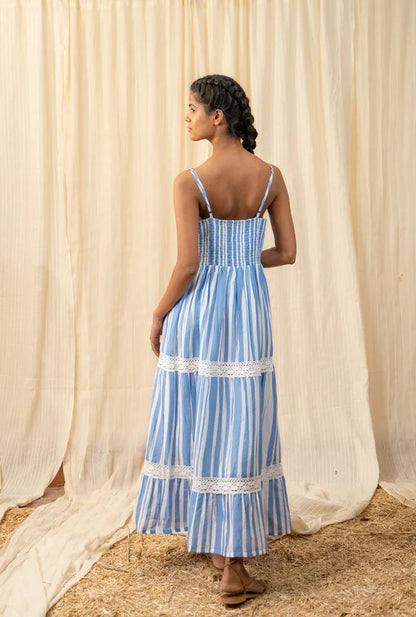 Boho Blue Stripe Cotton Maxi Dress | Lace Trim Tiered Sundress | Crochet Detail Beach Dress