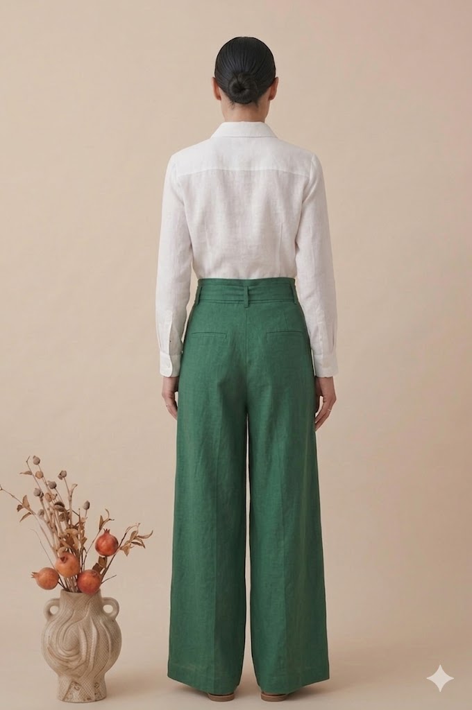 White Linen Shirt with Green Wide Leg Pants