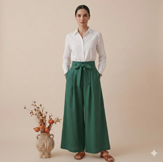 White Linen Shirt with Green Wide Leg Pants