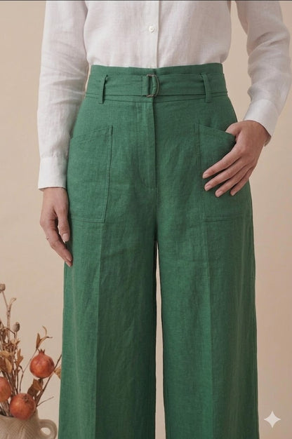White Linen Shirt with Green Wide Leg Pants