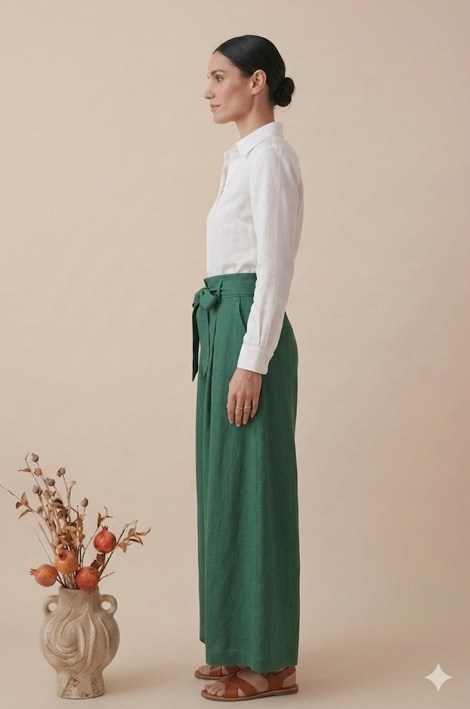 White Linen Shirt with Green Wide Leg Pants