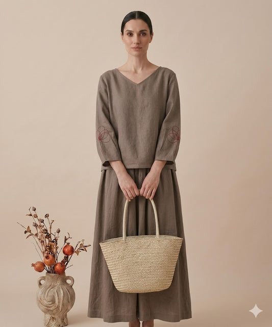 Olive Brown Linen Co-ord Set for Women