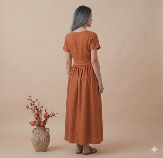 Rust Orange Linen Maxi Dress