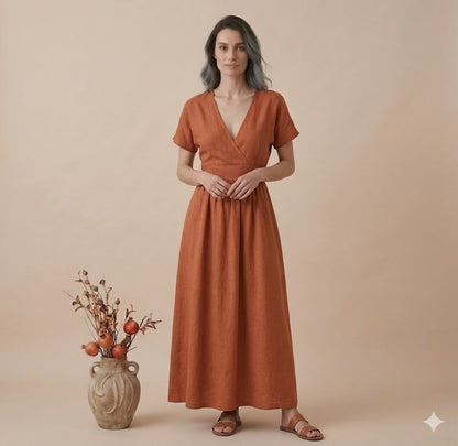 Rust Orange Linen Maxi Dress
