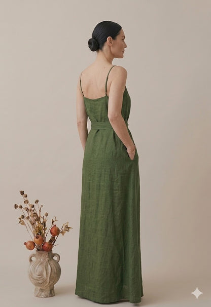 Olive Green Linen Maxi Dress