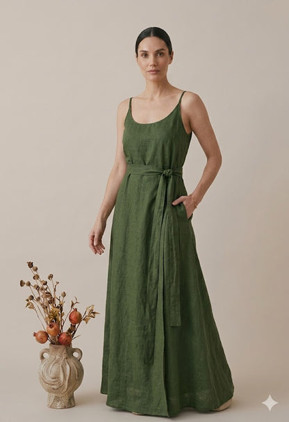 Olive Green Linen Maxi Dress