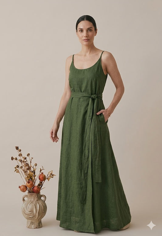 Olive Green Linen Maxi Dress