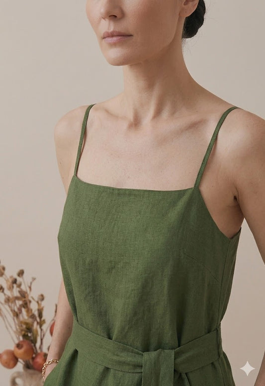 Olive Green Linen Maxi Dress