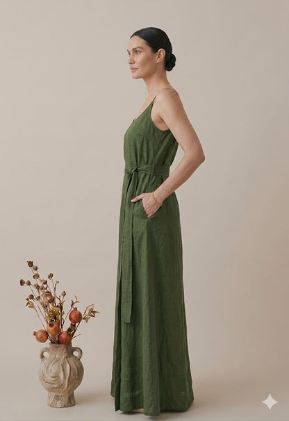 Olive Green Linen Maxi Dress