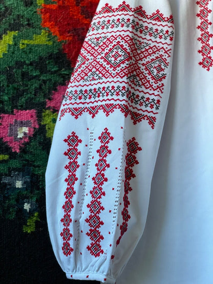 White Hand-Embroidered Cotton Vyshyvanka Blouse – Traditional Red & Black Folk Tunic Top with Puffed Sleeves