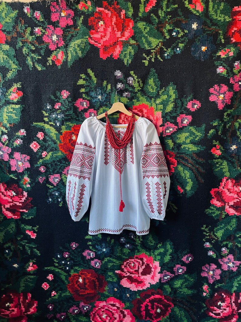 White Hand-Embroidered Cotton Vyshyvanka Blouse – Traditional Red & Black Folk Tunic Top with Puffed Sleeves
