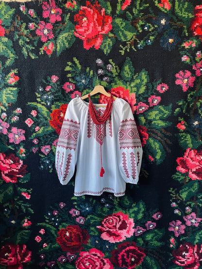White Hand-Embroidered Cotton Vyshyvanka Blouse – Traditional Red & Black Folk Tunic Top with Puffed Sleeves