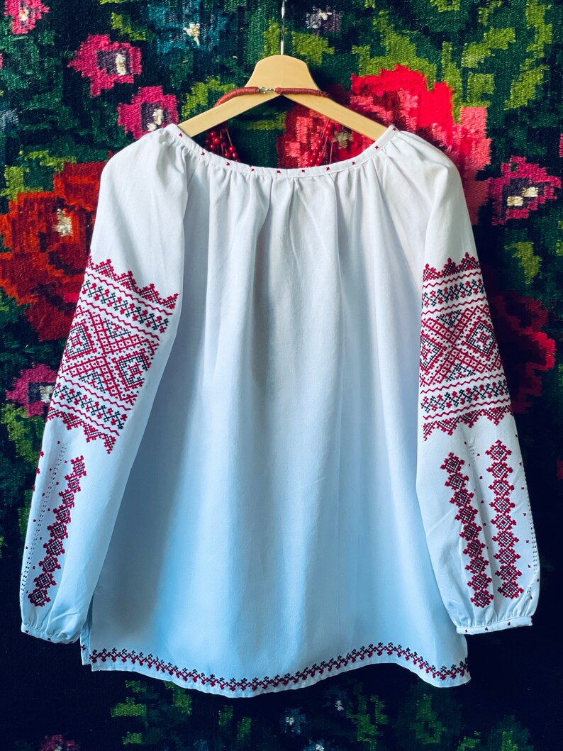 White Hand-Embroidered Cotton Vyshyvanka Blouse – Traditional Red & Black Folk Tunic Top with Puffed Sleeves