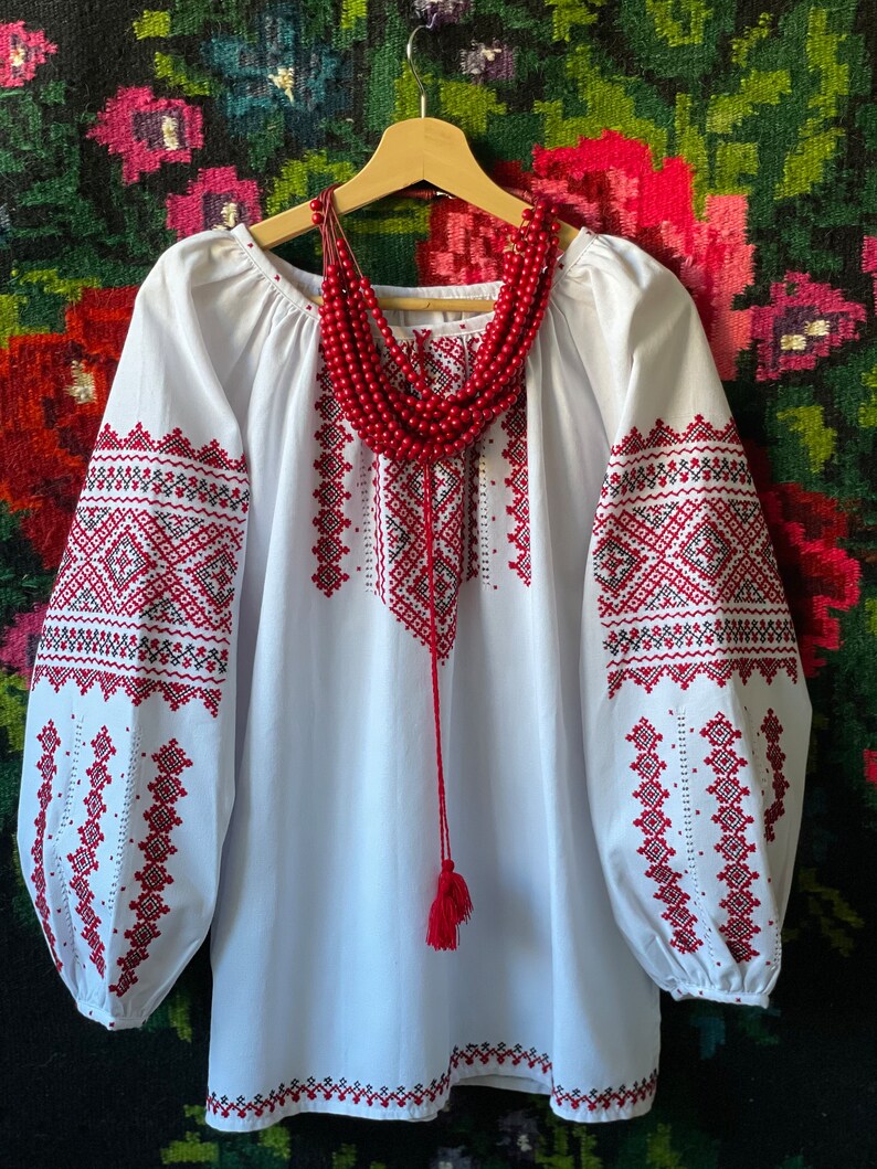 White Hand-Embroidered Cotton Vyshyvanka Blouse – Traditional Red & Black Folk Tunic Top with Puffed Sleeves