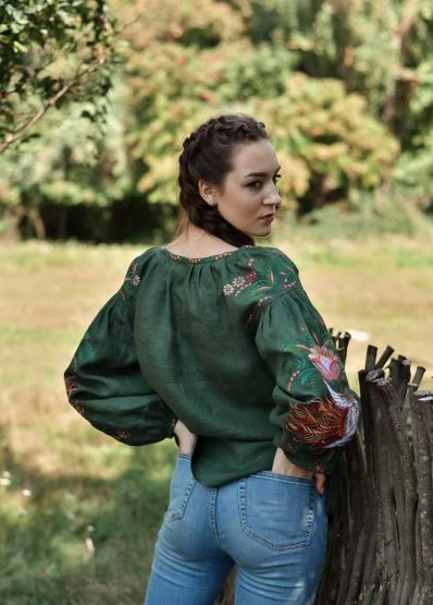 Hand-Embroidered Green Floral Bird Cotton Tunic Top – Puff Sleeve Boho Top