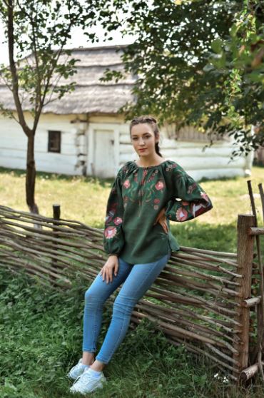 Hand-Embroidered Green Floral Bird Cotton Tunic Top – Puff Sleeve Boho Top