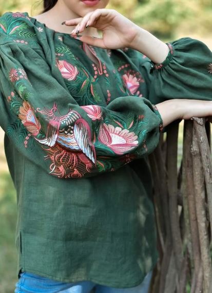 Hand-Embroidered Green Floral Bird Cotton Tunic Top – Puff Sleeve Boho Top