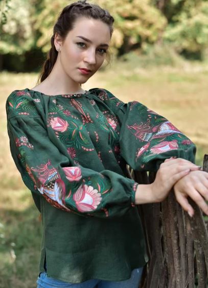 Hand-Embroidered Green Floral Bird Cotton Tunic Top – Puff Sleeve Boho Top