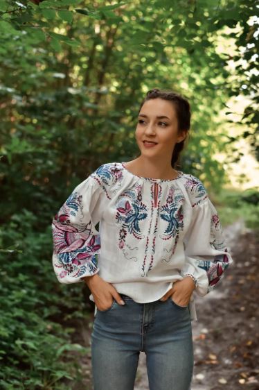 Ivory Linen Bird & Floral Embroidered Blouse | Boho Pink & Teal Botanical Puff Sleeve Top | Folk Art Peasant Shirt for Women | Vyshyvanka Cottagecore Style