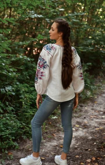 Ivory Linen Bird & Floral Embroidered Blouse | Boho Pink & Teal Botanical Puff Sleeve Top | Folk Art Peasant Shirt for Women | Vyshyvanka Cottagecore Style