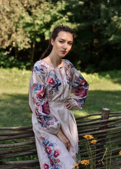 Beige Multicolor Floral Embroidered Cotton Puff Sleeve Boho Midi Dress – Folk Tie-Waist Summer Dress for Women