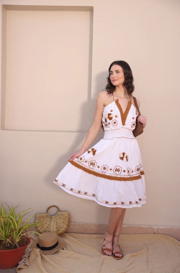 Boho White Cotton Mini Dress - Brown Embroidered Fringe Halter Sundress with Tassel Ties, Smocked Waist & Tiered Ruffle Hem | Women's Festival, Beach & Resort Vacation Wear