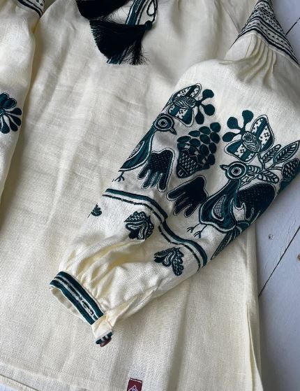 Cream Embroidered Cotton Puff Sleeve Blouse | Boho Folk Bird Motif Tunic Top for Women