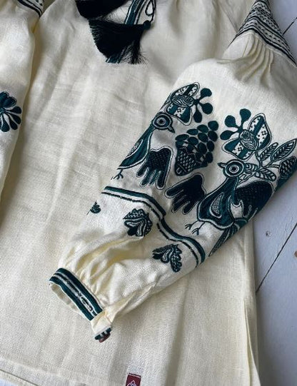 Cream Embroidered Cotton Puff Sleeve Blouse | Boho Folk Bird Motif Tunic Top for Women