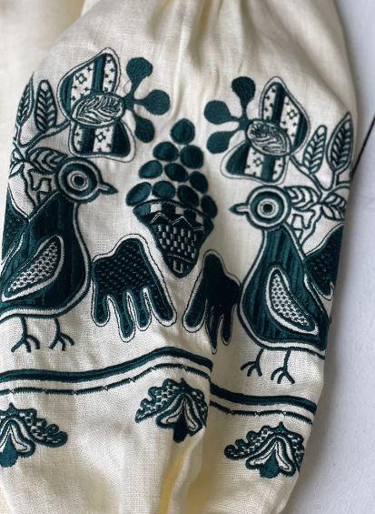 Cream Embroidered Cotton Puff Sleeve Blouse | Boho Folk Bird Motif Tunic Top for Women