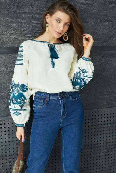 Cream Embroidered Cotton Puff Sleeve Blouse | Boho Folk Bird Motif Tunic Top for Women
