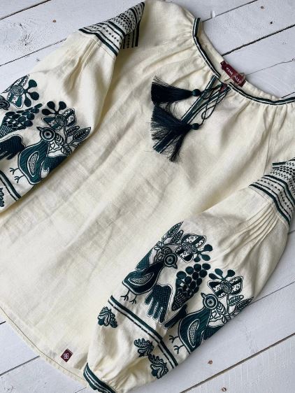 Cream Embroidered Cotton Puff Sleeve Blouse | Boho Folk Bird Motif Tunic Top for Women