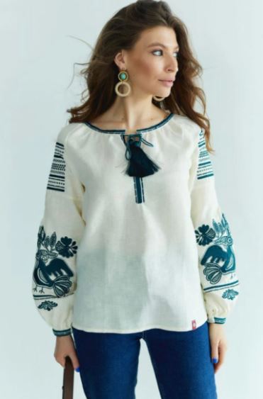 Cream Embroidered Cotton Puff Sleeve Blouse | Boho Folk Bird Motif Tunic Top for Women