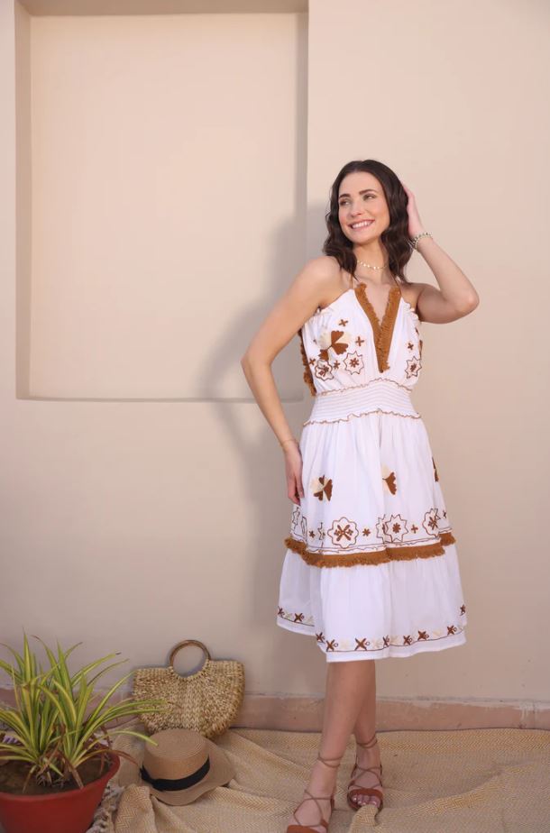 Boho White Cotton Mini Dress - Brown Embroidered Fringe Halter Sundress with Tassel Ties, Smocked Waist & Tiered Ruffle Hem | Women's Festival, Beach & Resort Vacation Wear