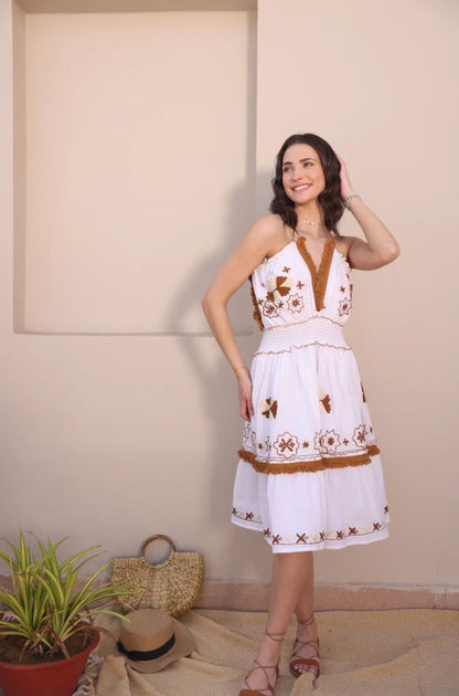 Boho White Cotton Mini Dress - Brown Embroidered Fringe Halter Sundress with Tassel Ties, Smocked Waist & Tiered Ruffle Hem | Women's Festival, Beach & Resort Vacation Wear