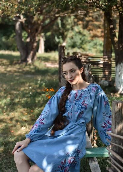 Sky Blue Hand-Embroidered Floral Cotton Midi Dress for Women – Boho Folk Puff Sleeve Tassel Belt Dress