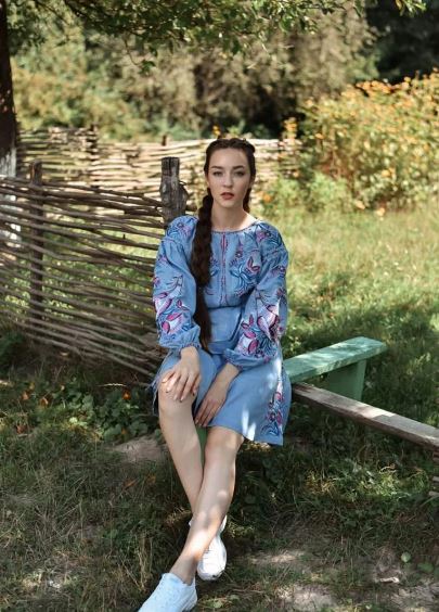 Sky Blue Hand-Embroidered Floral Cotton Midi Dress for Women – Boho Folk Puff Sleeve Tassel Belt Dress