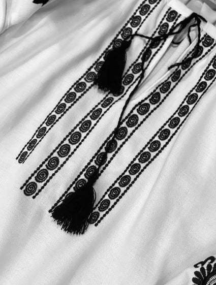 White Hand-Embroidered Cotton Boho Blouse Top – Black Folk Tunic Top with Tassel Neck & Puffed Sleeves