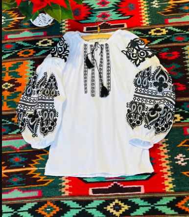 White Hand-Embroidered Cotton Boho Blouse Top – Black Folk Tunic Top with Tassel Neck & Puffed Sleeves