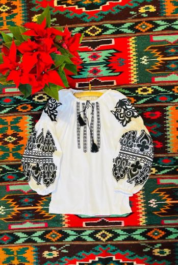 White Hand-Embroidered Cotton Boho Blouse Top – Black Folk Tunic Top with Tassel Neck & Puffed Sleeves