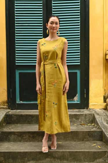Mustard Yellow Sleeveless Hand-Embroidered Cotton Midi Dress – Floral Embroidery with Matching Tie Belt | Boho Ethnic Summer Dress for Women
