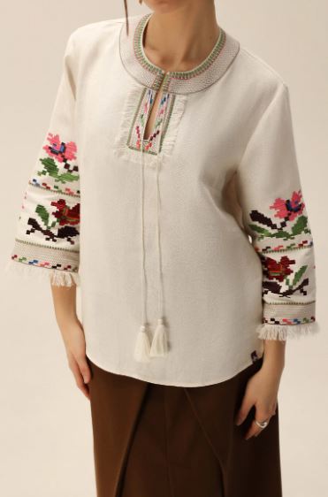 Hand-Embroidered Floral Cotton Tunic Top – Colorful Fringe Sleeve Boho Top with Tassels