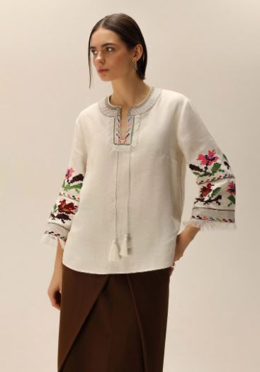Hand-Embroidered Floral Cotton Tunic Top – Colorful Fringe Sleeve Boho Top with Tassels