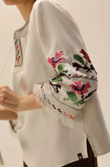 Hand-Embroidered Floral Cotton Tunic Top – Colorful Fringe Sleeve Boho Top with Tassels