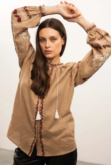 Pikaru Artisan Embroidered Cotton Boho Blouse – Earthy Beige Tassel Top with Bishop Sleeves