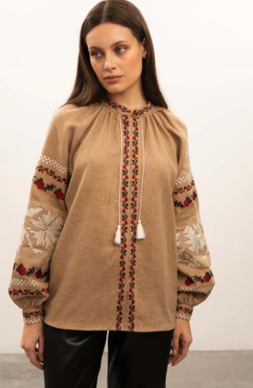 Pikaru Artisan Embroidered Cotton Boho Blouse – Earthy Beige Tassel Top with Bishop Sleeves